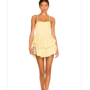 OW Collection Crush Yellow Ruffle‎ Tiered Spaghetti Strap Mini Dress Romantic